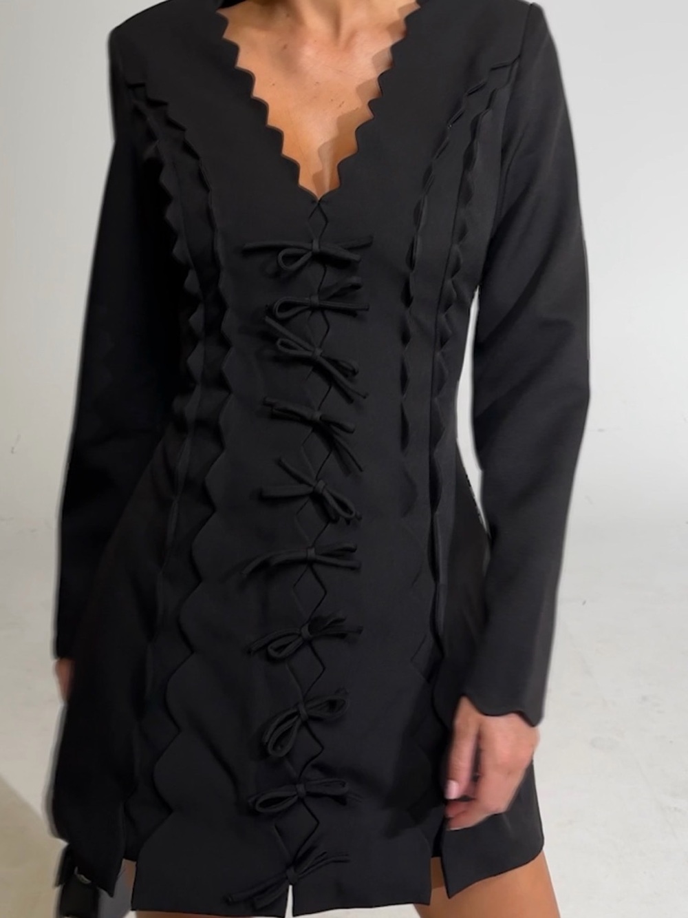 Black Lace-Up V-Neck Long Sleeve Mini Dress
